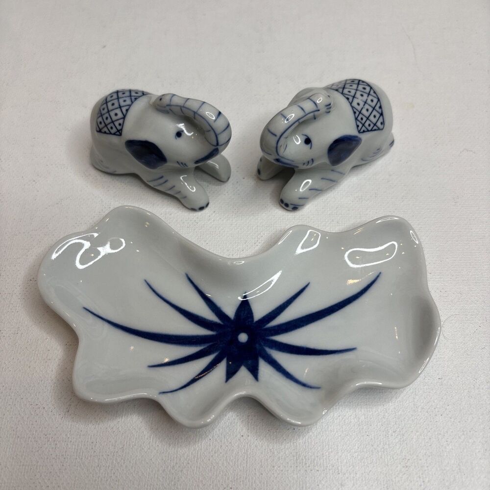 Vintage Elephants Salt and Pepper Shakers With Tray Blue and White Trunk Up set